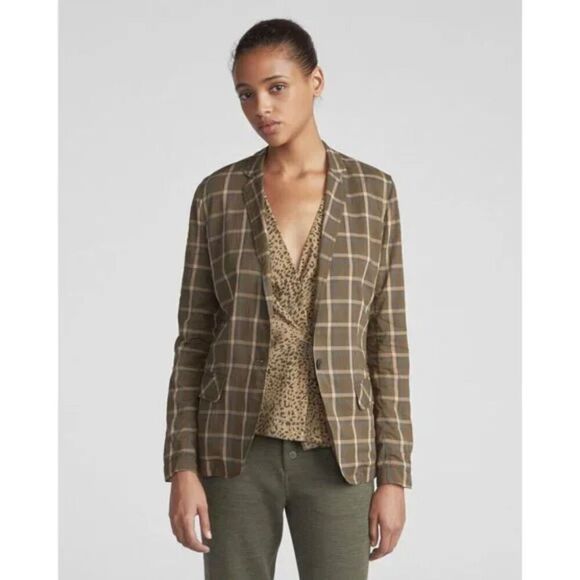 Rag and Bone Sybil Green Plaid Blazer Size 2 100% Cotton - Picture 1 of 11